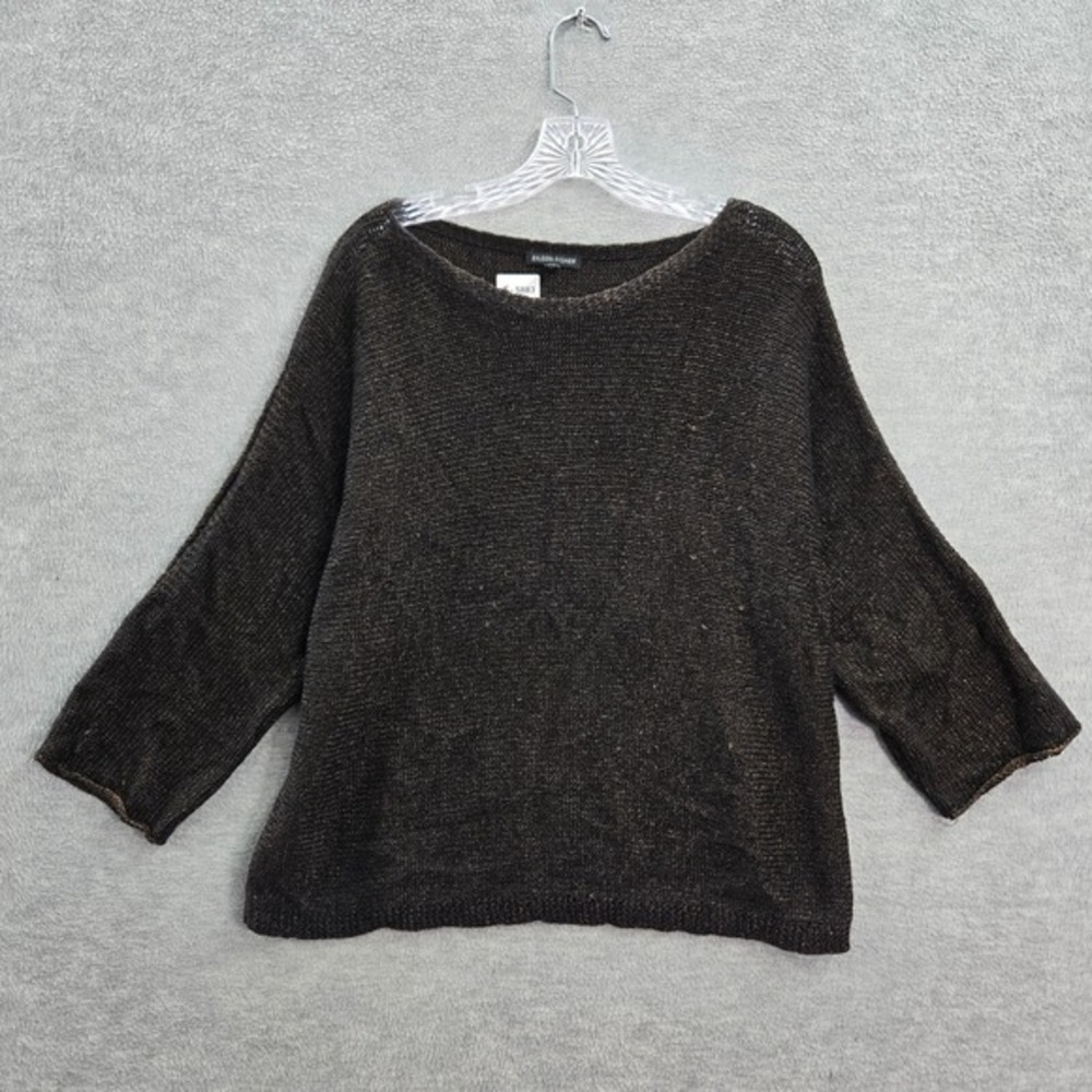 Eileen‎ Fisher Women Sweater Large Brown Organic Linen Metallic Cold Shoulder